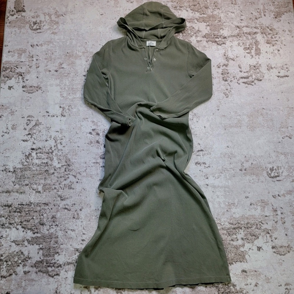 e.d. lee Olive Green Ribbed Hoodie Maxi Dress Long Sleeve Snap Neck Size XL